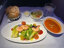 Starter: Poached prawn salad and Roasted red pepper soup