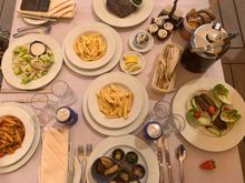 What a spread: Lamb kekab, pasta, salad, fries and medium rib-eye steak