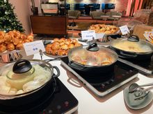 The chefs have outdone themselves this morning. Poached eggs, Hollandaise, crepes, a warm dish of chicken ham, melty cheese and cherry tomatoes. Too bad I overdid it with dinner yesterday and will be skipping the food for now.