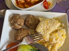 Main, salmon curry ....... with mini beef burgers!