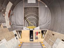 Inside the open nose of the Super Guppy - cockpit can just about be seen through the middle opening.