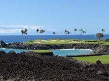 The Par 3 15th at Mauna Lani South right in the ocean. 