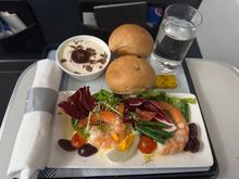 Prawn salad inbound to LHR. Seen here in the Express/ Band 1 format but is also being served with starter and cheese on the longer routes. Good but just two prawns..