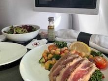 Coming back from Hawaii, this Ahi was a bit sad especially with this bland chickpea salad. But my biggest surprise was that I was presented a tray with 2 types of dressings: the original balsamic olive oil and this one with thyme honey and rosemary. 