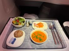 Tomato basil soup and salmon starter