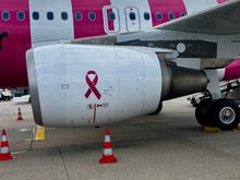 Breast Cancer Awareness ribbon on the engine cowling
