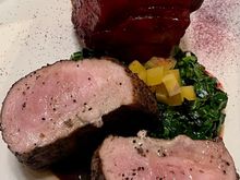 Pork loin and pork belly, collard greens, golden beets.  From Husk in SAV. 