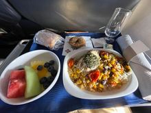 LAX-MCO 1:00 PM 739
PDB Champagne or water was offered in plastic cups (Dasani water bottle was placed at every seat prior to boarding).
Lunch options: Thai chicken or Ravioli
Pre-arrival snack: cheese plate with meat or Humus with something