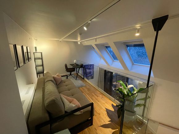 Cosy Loft with a sofa and desk and a killer view of the Copenhagen Tower.