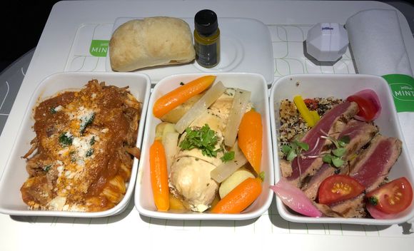 Orcchiette, herb-crusted chicken, and grilled ahi tuna