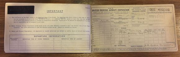 The original ticket given to the Queen on one of her journeys with BA.