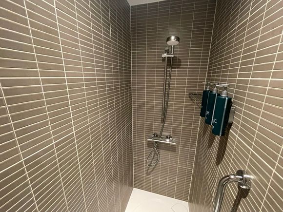 Pump toiletries and strangely low shower