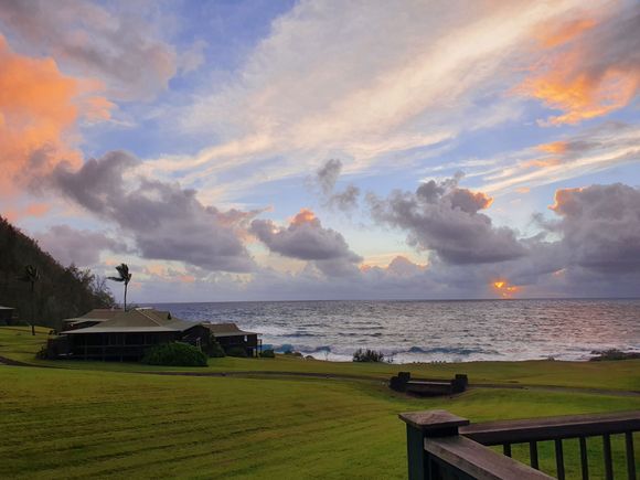 Clouds obscured the sunrise, but the view from our lanai was still worth waking up early for.
