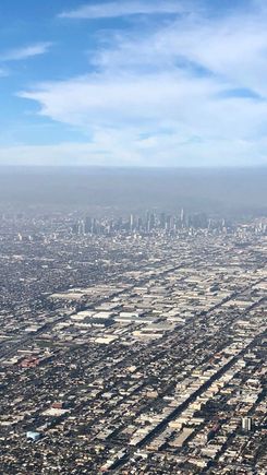 A smoggy Downtown LA from our flight path to LAX. 