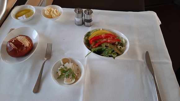 Salad of Salsify, Sauce Bolzano Style and Quail Egg Seasonal Leaf Salad with Bell Pepper Julienne
