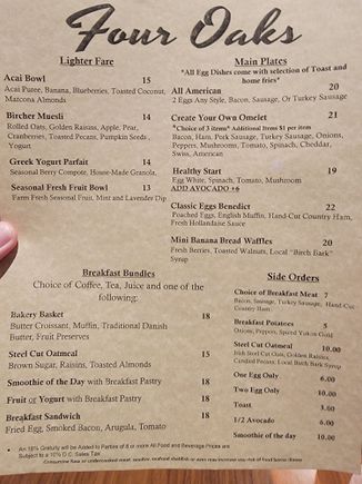 Breakfast menu with some $18 "bundles"