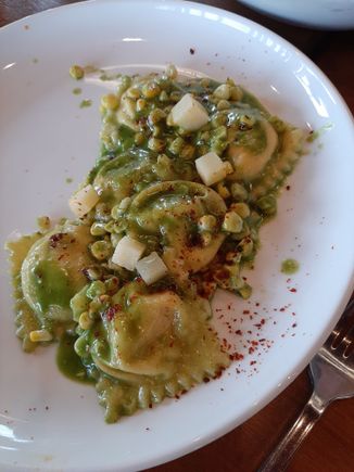 Francobolli..ravioli with corn & ricotta filling, pesto