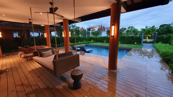 Patio with private pool and swing daybed