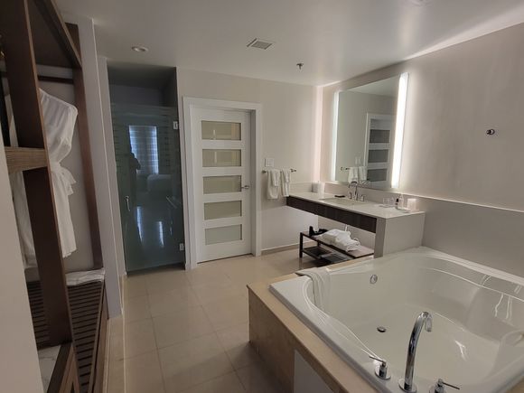 other part of the bathroom, with giant bathtub, second toilet, and second sink