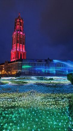 The Domtoren and the walkthrough garden with led lights. Lights change regularly ( this was a bit like the aurora borealis with blue and green lights flowing). The water fountains are to the right and were starting the week after I left)