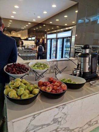 Solid fruit for breakfast, and baristas 