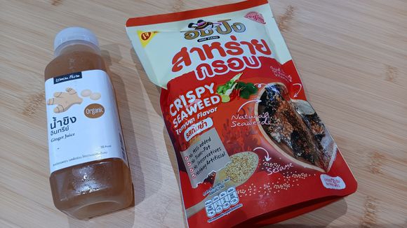 Ginger juice, and tom yum seaweed crisps