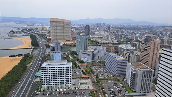 View of the hilton hotel from the observation deck of the fukuoka tower . Walked from the hotel via the beach prommenade