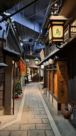 Restaurant street below Umeda skybuilding ( 11 am before opening) with some christmas decorations