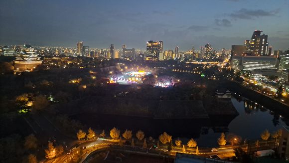 View of Osaka castle and the Illuminage 2025 winter  illuminations from my 18th floor room at Doubletree osaka castle