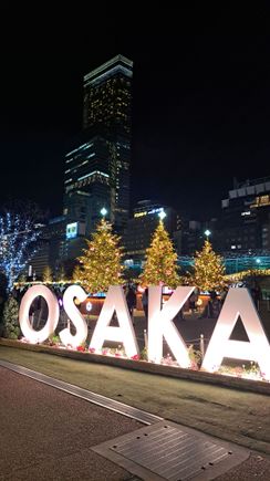 Christmas trees at the christmas market with the abeno harukas tower in the background. There was also a ice skating rink.