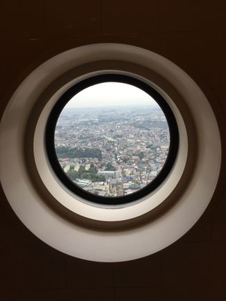 View of Yokohama from the 63rd floor bathroom in the Royal Park Hotel.  At sunset, Fuji-san showed up. 
