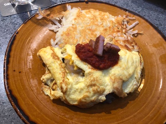 The majestic Spam and egg and mushroom and caramelised onion omelette.