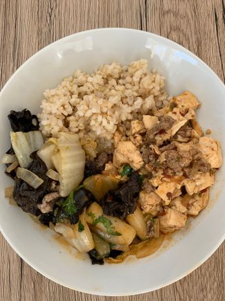 Mapo tofu, veggies, and brown rice