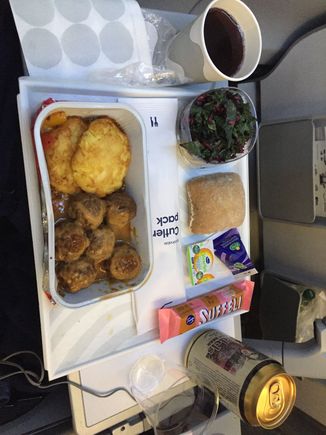 My first economy class flight for long time.
Meatballs for dinner and one beer or wine with meal. No spirits available.