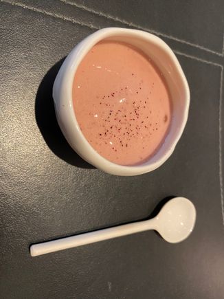 Rose sorbet , .. mousse , .. delicious juxtaposition of flavours 
