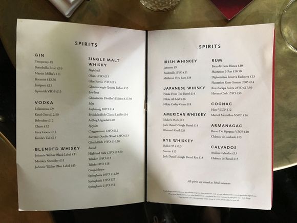 The normal drinks menu at Galvin Brothers Bar