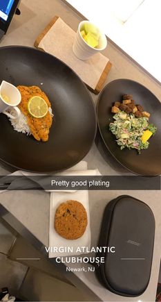 Fish was very good if small portioned. Cookie is from the bar, rest is ordered on app. Oranges and apples and hard candies available at bar. Salad had a lot of sauce. 