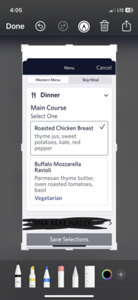 Menu choices from JFK-FCO next week