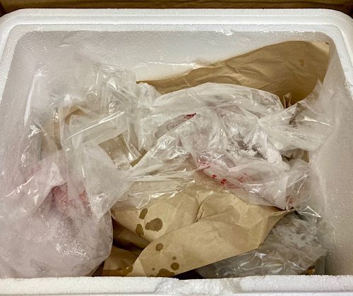The dry ice bags and brown packing paper. 
