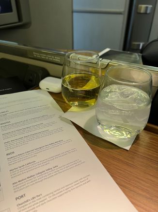 PDB of the real champagne (a blanc de blanc) despite being one of the last ones on the plane. The FAs were great and very proactive throughout the flight. 