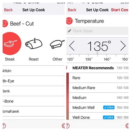 Steps 2 and 3 for Flank Steak. You can toggle a custom target temp or choose a preset. 