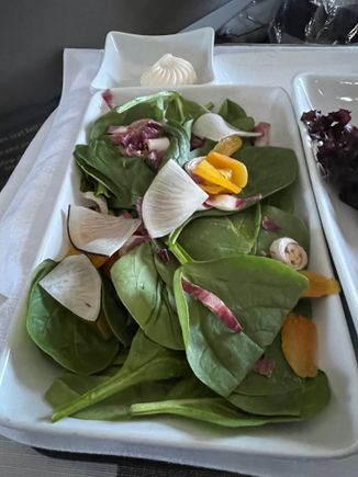 Seasonal greens - black radish, dried apricot, red endive.  Pretty good with the white balsamic chive dressing.