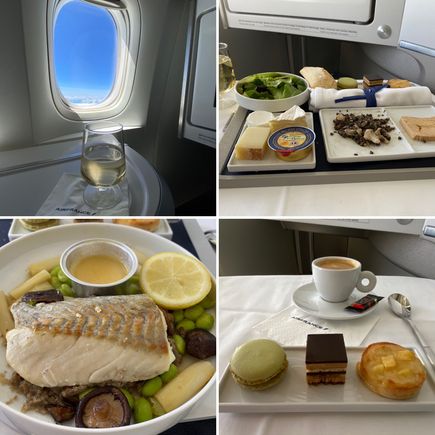 Longhaul Business (1st service)
Champagne aperitif  | Starter, cheese and salad on a tray
Main dish (several options) | dessert & coffee