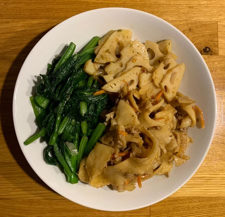 Hand pulled noodles with stir fried lotus root and some garlic flavored greens