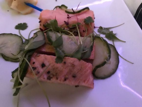 Salmon app was hot smoked, decent albeit somewhat dry.