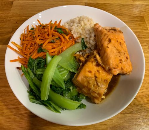 Simple Monday night dinner or teriyaki salmon and reheated sides. 