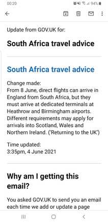 Hello all - for those still subscribed to this thread, UKGOV have just updated their travel advice to allow direct flights from SA to the UK - SA is (presumably) staying on the red list and passengers will still have to go through mandatory quarantine.

I’m currently in day 4 of quarantine at Heathrow - I’m hoping this news means I can fly back to SA direct later in the summer (rather than the 21 hour circus through Doha and Madrid to get here).

​​​​​​​