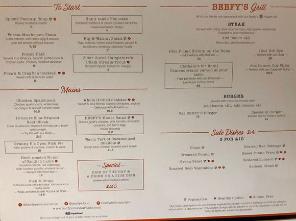 Beefys food menu (from board outside the restaurant)
