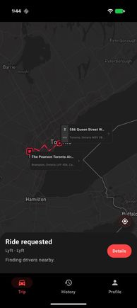 Track - ride requested, finding a driver, everything stays inside Payfair.