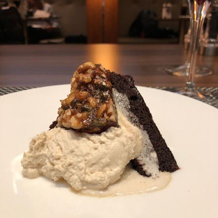 Warm chocolate brownie, Espresso cream, walnut & pumpkin seed brittle